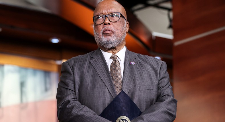 House Homeland Security Committee Chair Benny Thompson (D-MS) listens as U.S. House Speaker Nancy Pelosi (D-CA) discusses the formation of a select committee to investigate the Jan. 6 attack on the U.S. Capitol during a news conference in Washington, U.S., July 1, 2021.