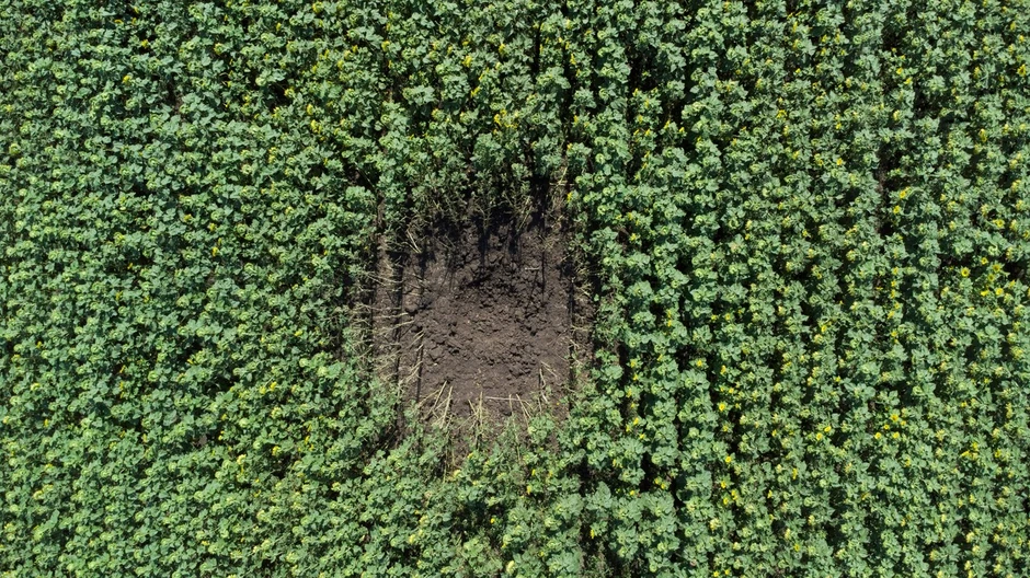 Krater od granatiranja u polju u mestu Granitne