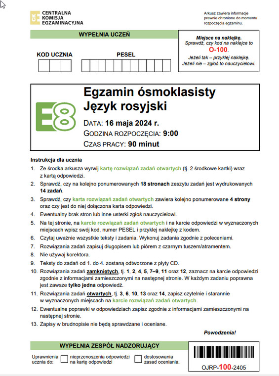 Egzamin ósmoklasisty 2024. Arkusze z języków obcych nowożytnych. Rosyjski