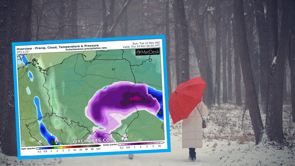 W środę temperatura się zatrzyma. Do Polski dotrze następny front (mapa: wxcharts.com)