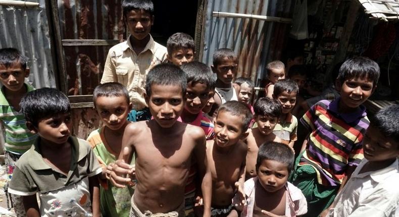 Muslim children playing in a refugee camp in Rakhine