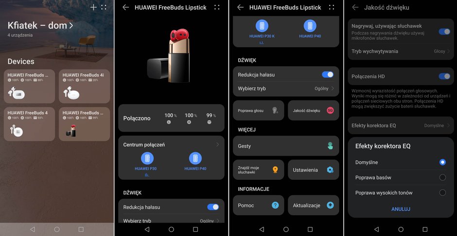 Podstawowe ekrany aplikacji Huawei AI Life zawiadującej pracą słuchawek FreeBuds Lipstick