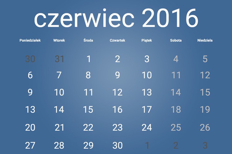 W czerwcu 2016 nie przypadają żadne dni wolne od pracy.
