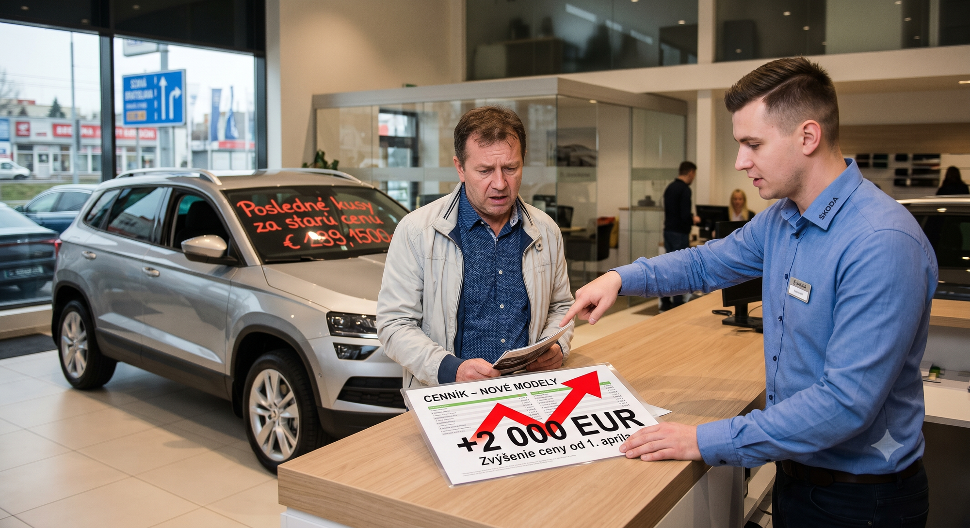 Slovenský kupujúci stojí pred predajcom v autosalóne – na stole leží cenník s červenou šípkou nahor a číslom +2 000 EUR, predajca ukazuje na skladové auto s cenovkou „Posledné kusy za starú cenu“.