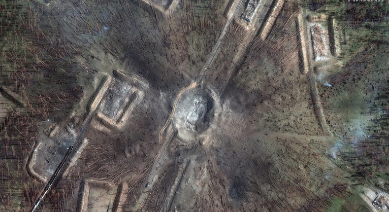 A large crater, downed trees, and destroyed rail cars on September 22 after the Toropets attack.Satellite image 2024 Maxar Technologies.