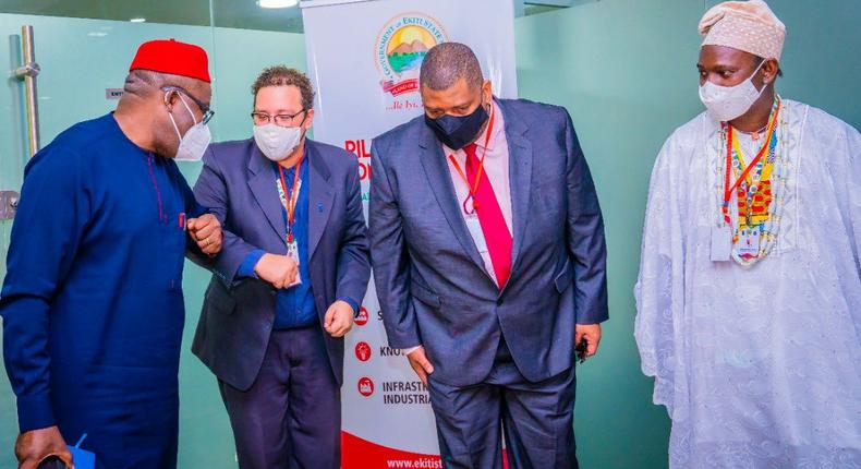 L-R: Governor Kayode Fayemi; the General Secretary of the Africa –Brazil International Forum, Lucas Andrade; Jorge Kibanazambi, the President and Founder of Africa Brazil and a the Commissioner for Culture and Tourism, Prof Rasak Ojo Bakare. [Twitter/@ekitistategov]