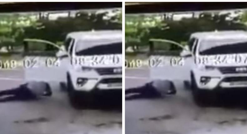 Hot tempered ‘big man’ almost overrun by his own posh car  at fuel station (Video)