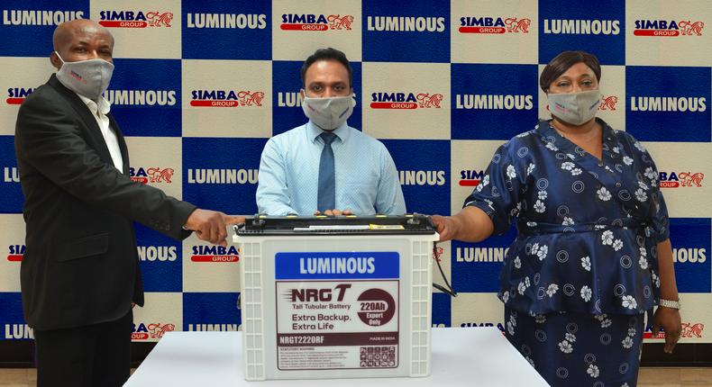 L-R: Territory Manager, Luminous, Dominic Omuzo; Sales Manager, Luminous, Mohammad Wasi and Sales Representative, Luminous, Helen Odiakosa during the launch of Luminous innovative NRGT Tubular batteries with 24months warranty by Simba Group held in Lagos on Wednesday.