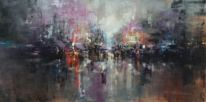 Bartłomiej Koter, Violet fog in Paris, 2021, 51 x 100 cm, olej, deska