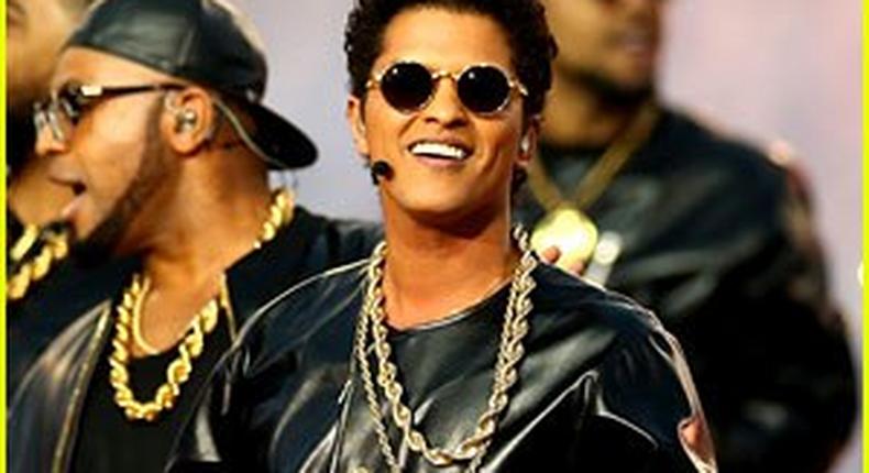 Bruno Mars wearing Versace at Super Bowl 50