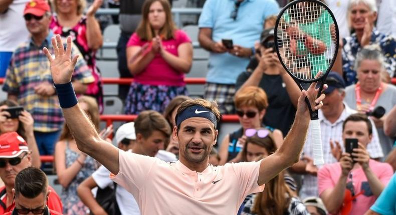 Roger Federer of Switzerland celebrates his victory over David Ferrer of Spain during day seven of the Rogers Cup presented by National Bank at Uniprix Stadium on August 10, 2017 in Montreal, Quebec, Canada