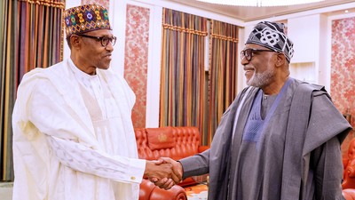 Ondo State governor, Rotimi Akeredolu right), shakes hands with President Muhammadu Buhari (left) at Aso Rock [Twitter/BashirAhmaad]