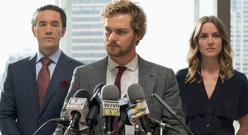 From left, Tom Pelphrey as Ward Meachum, Finn Jones as Danny Rand, and Jessica Stroup as Joy Meachum on Marvel's Iron Fist.