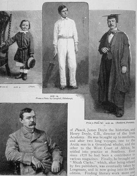 Portrety przedstawiające sir Arthura Conan Doyle'a w wieku 4, 14, 22 i 32 lat