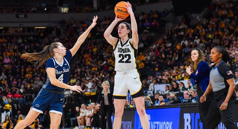 Caitlin Clark shoots during the quarterfinal of the Big Ten Women's Basketball Tournament against Penn State in March 2024.Aaron J. Thornton/Contributor/Getty Images