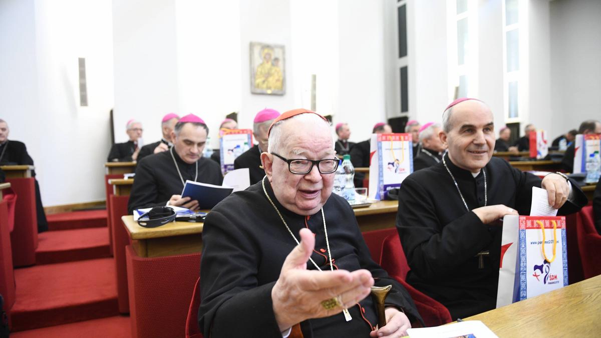 Kardynał Henryk Gulbinowicz (C) i bp Henryk Ciereszko (P) podczas obrad w ramach 378. Zebrania Plenarnego Konferencji Episkopatu Polski,