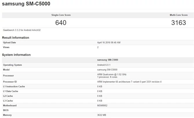 Samsung Galaxy C5 dostrzeżony w bazie benchmarku Geekbench