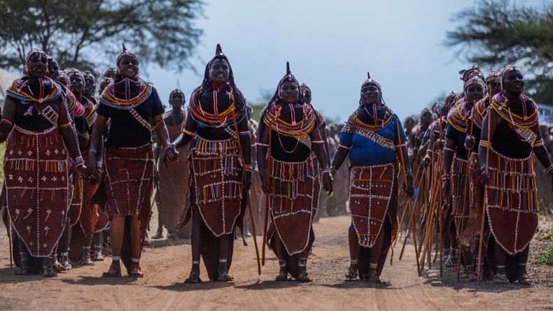 Ren'dille community perform cultural dance shows during a cultural festival with traditional clothes and jewelry and present their lifestyle in Loglogo city of Marsabit province in Kenya on August 24, 2024. [Photo by Gerald Anderson/Anadolu via Getty Images]
