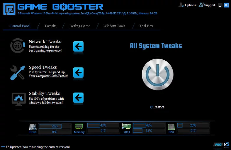 Główne okno programu do optymalizacji gier komputerowych - EZ Game Booster Pro