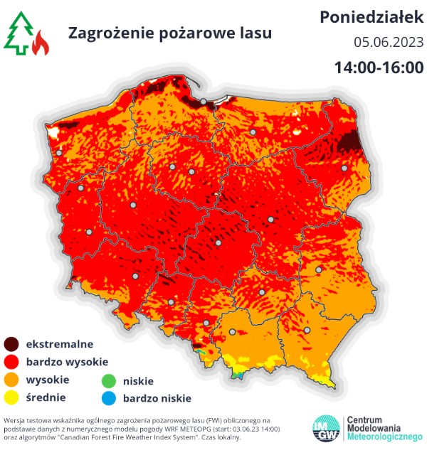 Bardzo wysokie i ekstremalne zagrożenie pożarowe utrzyma się też w poniedziałek