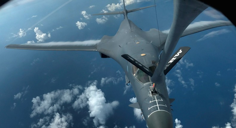 A US Air Force B-1B Lancer bomber being refueled during a 10-hour mission flying to the vicinity of Kyushu, Japan, the East China Sea, and the Korean Peninsula.