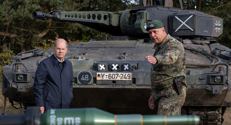 German Chancellor Olaf Scholz at a Bundeswehr training center in Ostenholz on October 17.David Hecker/Getty Images