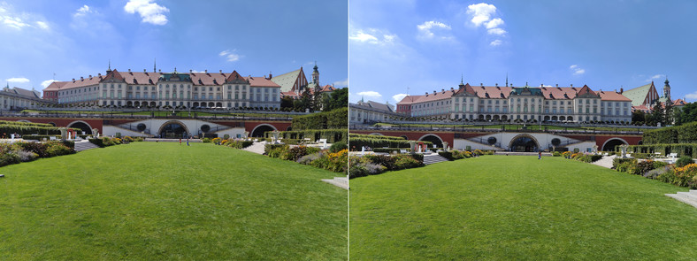 Porównanie zdjęć wykonanych w rozdzielczości 50 MP (po lewej) oraz w standardowej 12 MP, które zostało programowo interpolowane do 50 MP (kliknij, aby powiększyć)