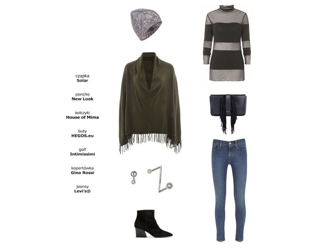 1. Czapka Solar, 129,00pln   2. Poncho New Look, 99,99pln   3. Kolczyki House of Mima, 25,00pln   4. Buty Hegos/HEGOS.eu, 579,00pln   5. Golf Intimissimi, 134,90pln   6. Kopertówka Gino Rossi, 549,90pln   7. Jeansy Levi's®, 399,00pln