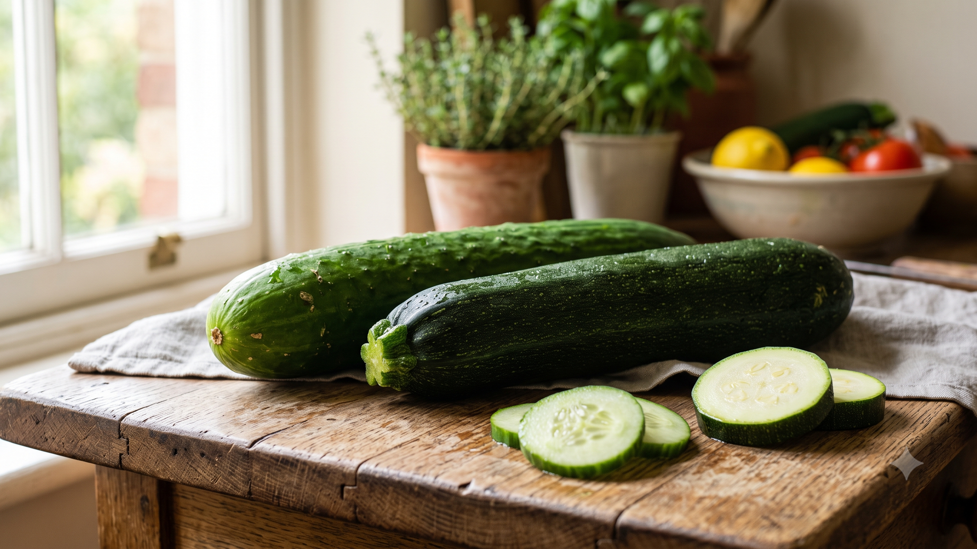Na prvý pohľad bratia, no vo vnútri úplne iní. Kým uhorka (vzadu) vás dokonale hydratuje, cuketa (vpredu) je vitamínová bomba! Zistite, ako ich najlepšie využiť v kuchyni.