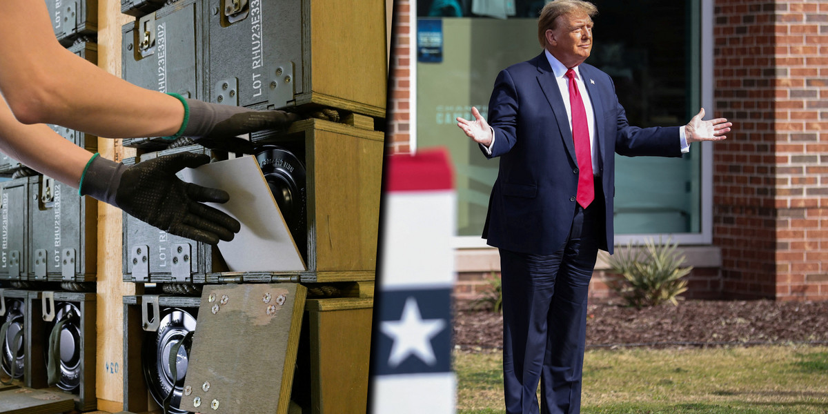 Niemiecka fabryka koncernu zbrojeniowego Rheinmetall i Donald Trump przed spotkaniem z wyborcami.