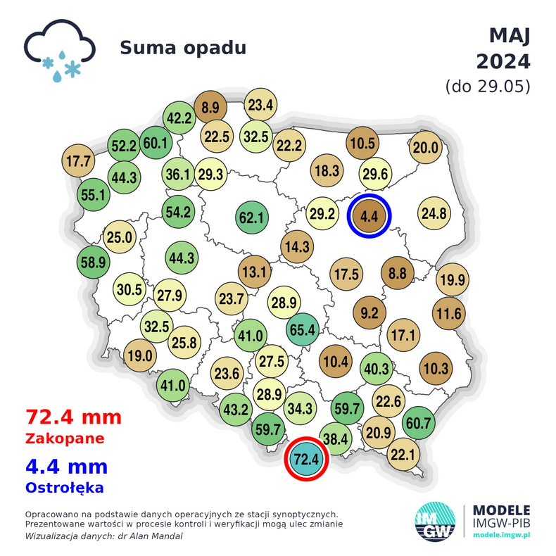 Suma opadów w Polsce w maju (do 29.05)