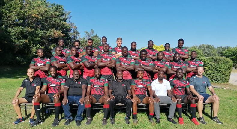 Kenya Simbas squad at Aix-en-Provence, in France on July 5, 2022 on the eve of their Rugby World Cup qualifier semi-final against Algeria. Image | KRU