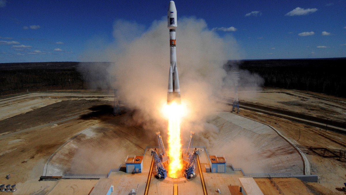 A Russian Soyuz 2.1A rocket carrying Lomonosov, Aist-2D and SamSat-218 satellites lifts off from the launch pad at the new Vostochny cosmodrome outside the city of Uglegorsk, about 200 kms from the city of Blagoveshchensk