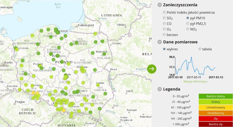 Stężeżenie pyłu PM10 od od godz. 10:00 do 11:00