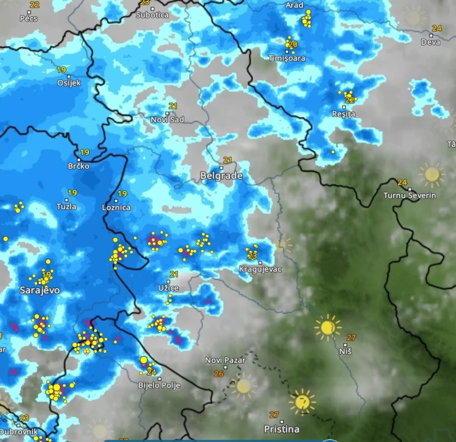 Radarski snimak padavina u utorak u 10h