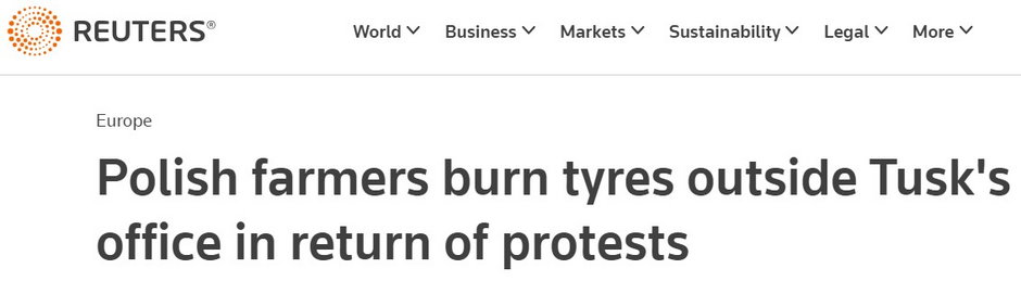 Reuters: "Polscy rolnicy palą opony przed biurem Tuska po powrocie do protestów"
