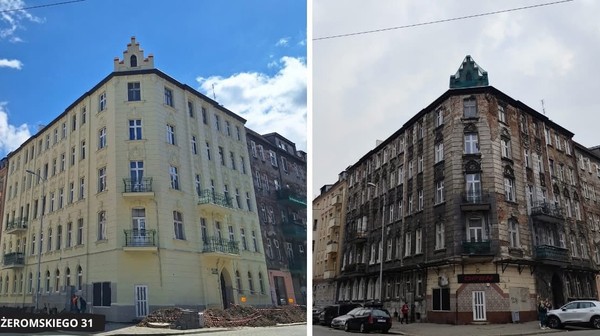 Żeromskiego 31. Remont przywrócił dawny blask kamienicy i pozwolił odtworzyć pełnię detali, które przez lata były ukryte pod zniszczoną elewacją.