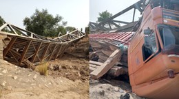 Passengers survive as bridge collapses under a heavy-duty truck loaded with logs