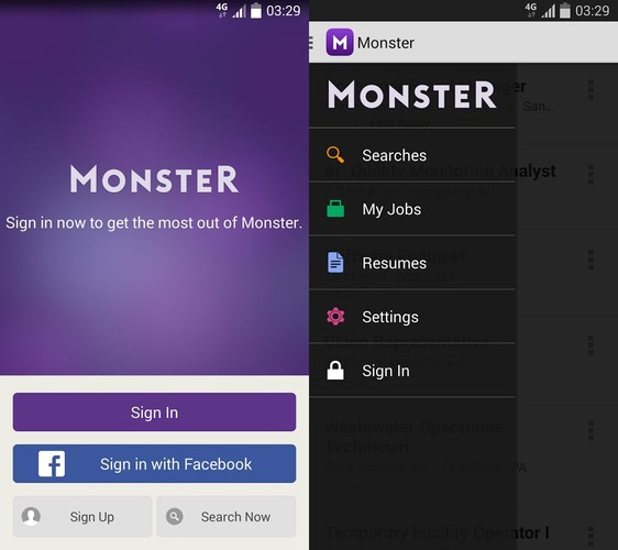 Monster, to jeden z największych serwisów rekrutacyjnych na świecie. Dedykowana aplikacja mobilna umożliwia wyszukiwanie, przeglądanie i aplikowanie na wybrane oferty w dowolnym miejscu i o dowolnym czasie. Monster umożliwia zarządzanie CV z poziomu aplikacji, jak również wczytywanie CV z Dropbox lub Dysku Google. Podobnie, jak w przypadku konkurencyjnych aplikacji, znajdziemy tu również system powiadomień, który poinformuje nas o ofertach najlepiej pasujących do naszych kryteriów.