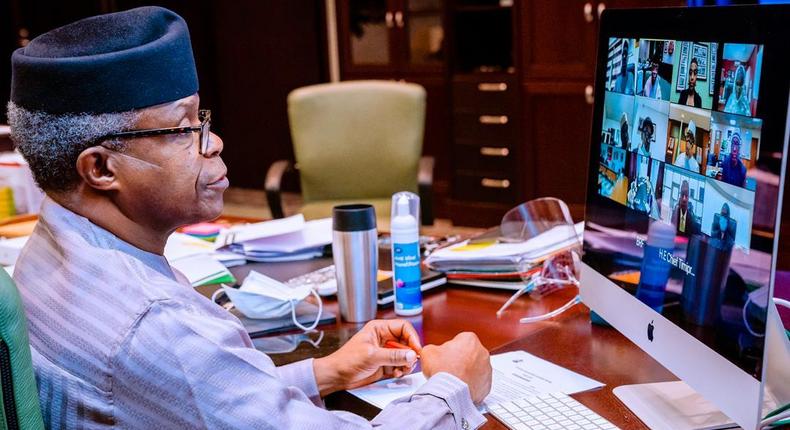 Vice President Yemi Osinbajo during a virtual meeting with members of the Economic Sustainability Committee (ESC). [Twitter/@ProfOsinbajo]