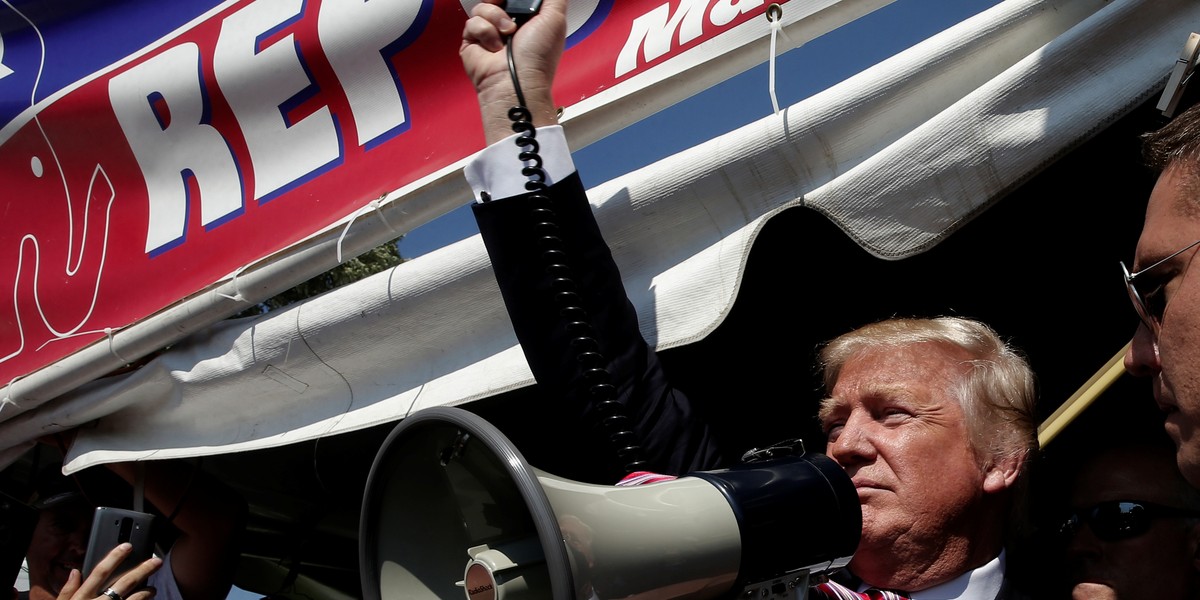 Donald Trump speaks to supporters during a campaign stop in Canfield, Ohio.