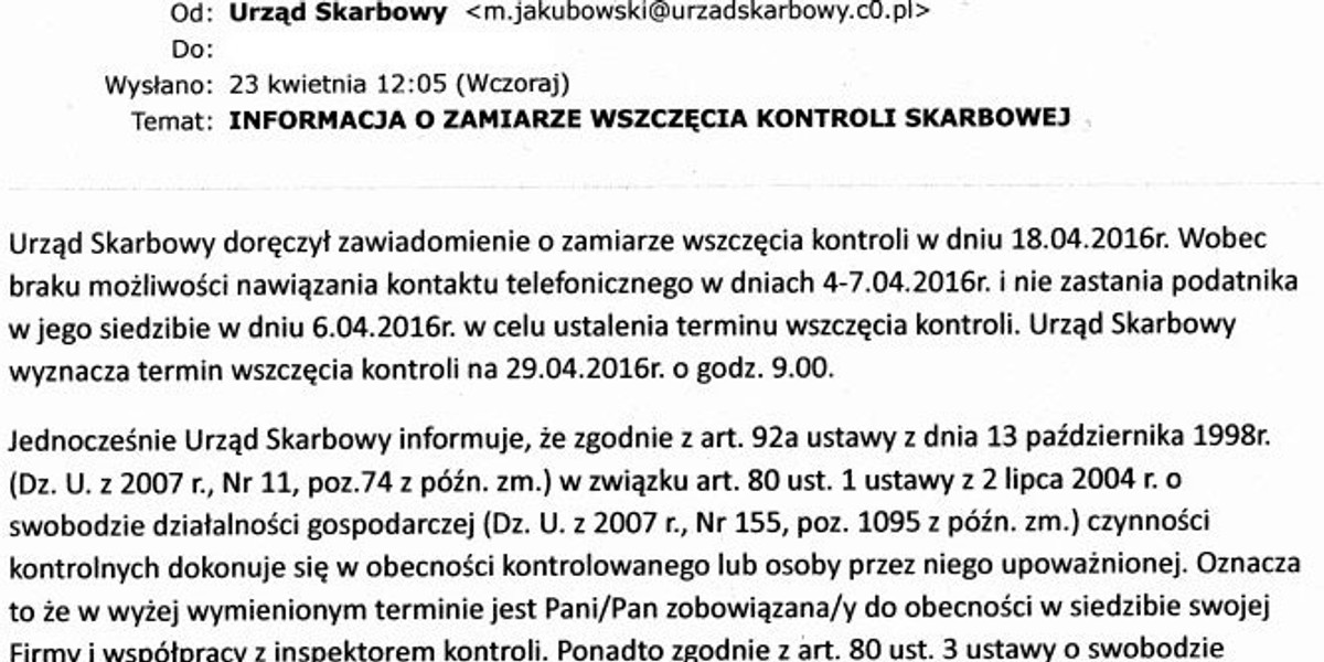 Fałszywy mail od skarbówki