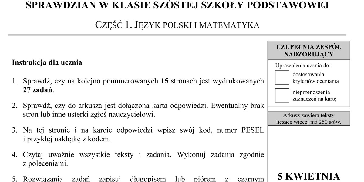 Arkusze ze sprawdzianu szóstoklasisty 2016 - język polski i matematyka