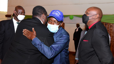 Musalia Mudavadi greets Kalonzo Musyoka and Gideon Moi when theyr attended the ANC delegates conference on January 23, 2022