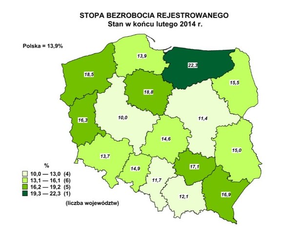 Stopa bezrobocia rejestrowanego w lutym 2014. Źródło: GUS