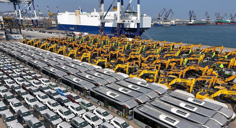 A large number of Chinese-made cars and construction machinery are gathering at the port of Yantai, waiting to be loaded for export, in Yantai, China, on April 1, 2024.Costfoto/NurPhoto/Getty Images