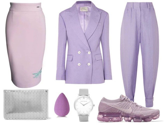 Jagodowy fiolet. STYLIZACJA: Spódnica – More’Moi  /moremoi.com,  kosmetyki i dodatki- TK Maxx, buty-Nike/nike.com, żakiet i spodnie Hillier Bartley/hillierbartley.com, torebka Christian Louboutin/christianlouboutin.com