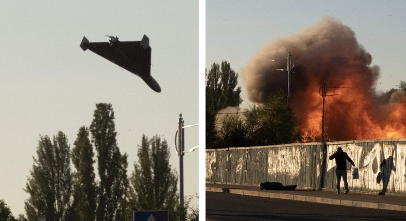 A composite image showing a drone in the sky and the aftermath of its strike on Kyiv on October 17, 2022.YASUYOSHI CHIBA/AFP via Getty Images; Insider