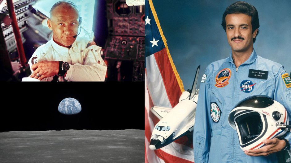 Buzz Aldrin w module księżycowym, 20 lipca 1969, NASA | Wschód Ziemi na Księżycu, 20 lipca 1969, NASA | Pierwszy muzułmanin w kosmosie, Sultan ibn Salman Al Su’ud, 17-24 czerwca 1985, NASA