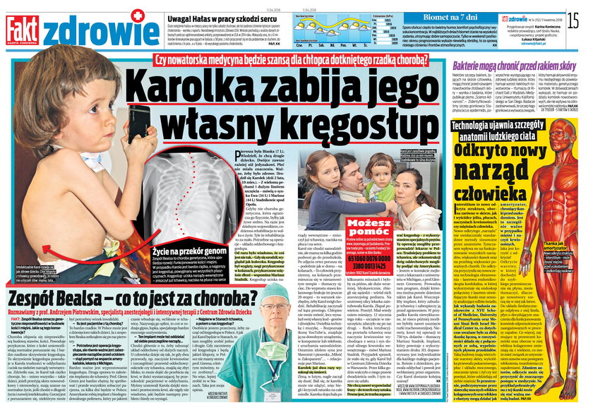 Poruszającą historię chłopca i jego niezwykłych rodziców opisaliśmy w Fakcie Zdrowie 11 kwietnia  – faksymile wydania